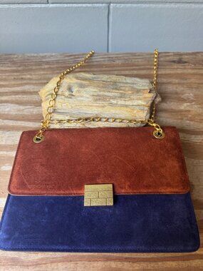 Lancel Paris Suede Shoulder Bag Vintage Colorblock Blue Brown Gold Chain Purse